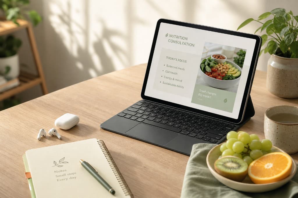 Consulta de nutrición online: escritorio con laptop, cuaderno y fruta fresca